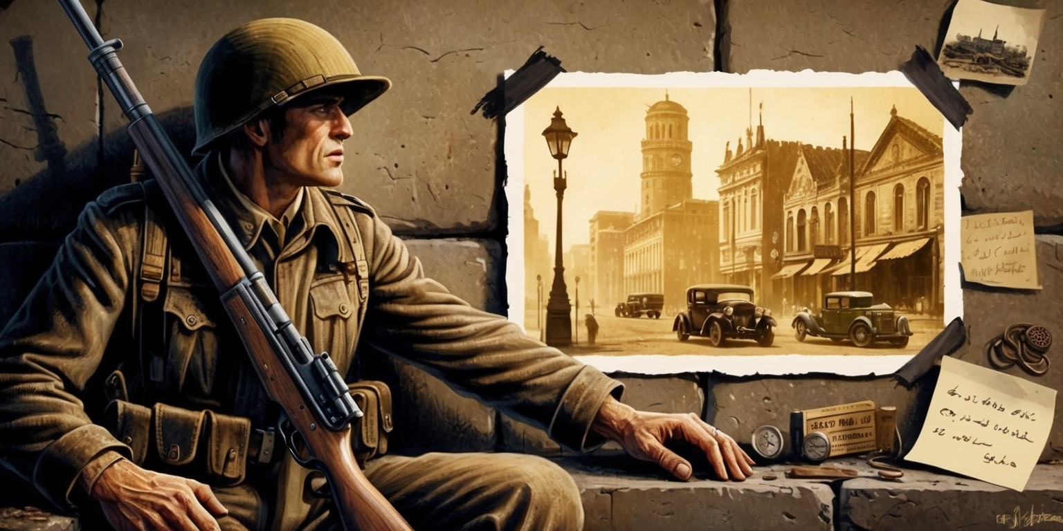 A hauntingly nostalgic illustration depicting a World War II-era sniper, cloaked in shadows, gazing longingly at a vintage photograph of a wartime-era cityscape, evoking a sense of tactical comfort and longing for a bygone era. The sniper