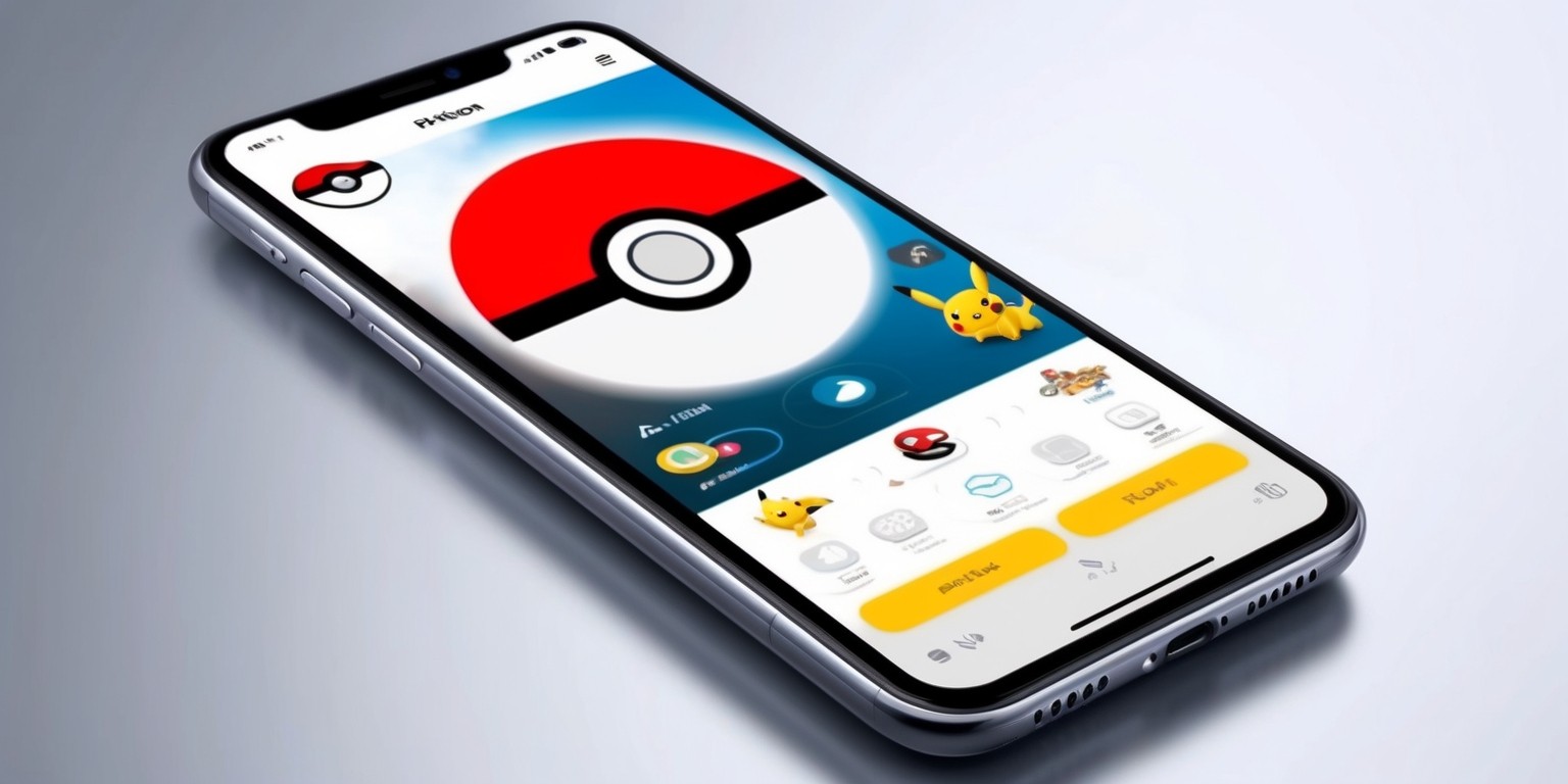 A modern, sleek smartphone with a bright, high-resolution screen displaying the iconic Pokémon GO app, featuring a vibrant, colorful interface with a mix of digital and illustrative elements, including a prominent Poké Ball logo in bold, red and white hues, set against a clean, white background, with a subtle gradient effect, surrounded by intuitive buttons, menus, and navigation icons in a metallic, silver-gray tone, with a glimpse of a nearby PokéStop or Pokémon character, such as Pikachu or Charizard, in the top-right corner, blending 2D and 3D graphics, evoking a sense of adventure and excitement, with a dash of nostalgia, capturing the essence of the beloved Pokémon franchise.