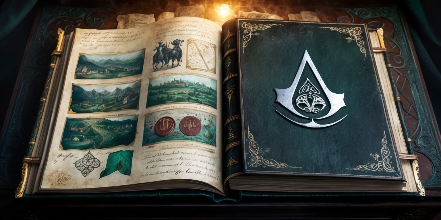 A worn, antique-style leather-bound book lies open on a dimly lit, ornate wooden desk, with gold-trimmed pages revealing intricate, hand-drawn illustrations of medieval landscapes, ancient symbols, and mysterious figures, alongside detailed maps and cryptic notes in elegant, cursive script, all set against a backdrop of dark, muted tones of emerald green, crimson, and charcoal grey, evoking an air of secrecy and sophistication, with the book's cover embossed with a silver Assassin's Creed emblem, adorned with ornate flourishes and subtle, Celtic-inspired patterns, and a faint, golden glow emanating from the pages, as if illuminated by candlelight, with subtle shadows cast upon the surrounding environment, hinting at the secrets and strategies contained within.