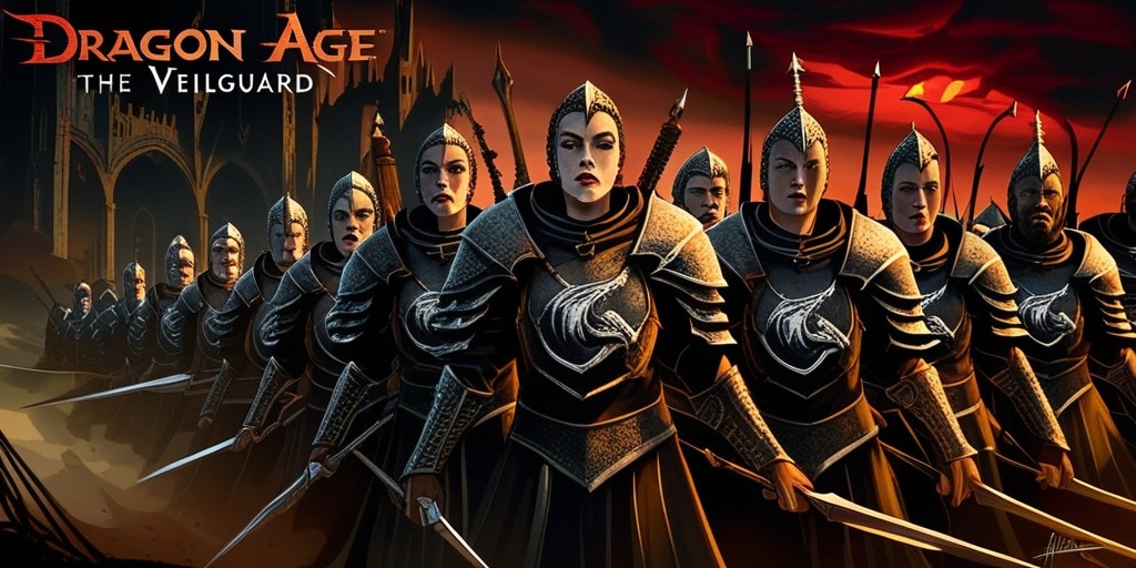 A dramatic, high-fantasy illustration depicting a pivotal moment in the Dragon Age: The Veilguard game, set amidst a dark, ominous landscape with crumbling Gothic architecture in the background, overcast by a fiery, blood-red sky. In the foreground, a group of intricately armored, battle-hardened warriors, each with unique facial features and skin tones, stand back-to-back, united against an unseen threat, with a mix of swords, bows, and magical staves at the ready. The warriors' armor is adorned with the emblem of the Veilguard, a silver dragon's head on a black background, embossed on their chest plates. The atmosphere is tense, with an air of urgency and impending doom, conveyed through the use of warm, golden lighting and deep, dark shadows. The color palette is rich and muted, with earthy tones of brown, gray, and olive green, punctuated by flashes of fiery orange and red. The composition is dynamic, with bold lines, dramatic poses, and a strong sense of movement, drawing the viewer's eye to the heart of the battle.