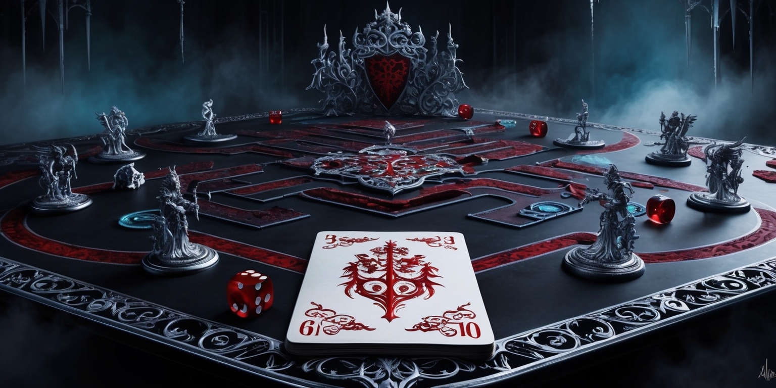 A hauntingly lit, atmospheric illustration of a fantasy game, Silver and Blood, set against a dark, misty background with subtle, eerie blue tones. In the foreground, a regal, ornate game board dominates the composition, adorned with intricate, silver filigree and crimson accents reminiscent of blood. The board's surface features a sprawling, maze-like layout, with various game pieces and tokens scattered about, including ornate silver figurines and crimson-hued dice. At the center of the board, a majestic, silver-edged playing card lies face up, emblazoned with a mysterious, gothic-inspired crest in bold, red ink. The overall aesthetic is one of dark, mystical sophistication, evoking the sense of an ancient, forbidden ritual.