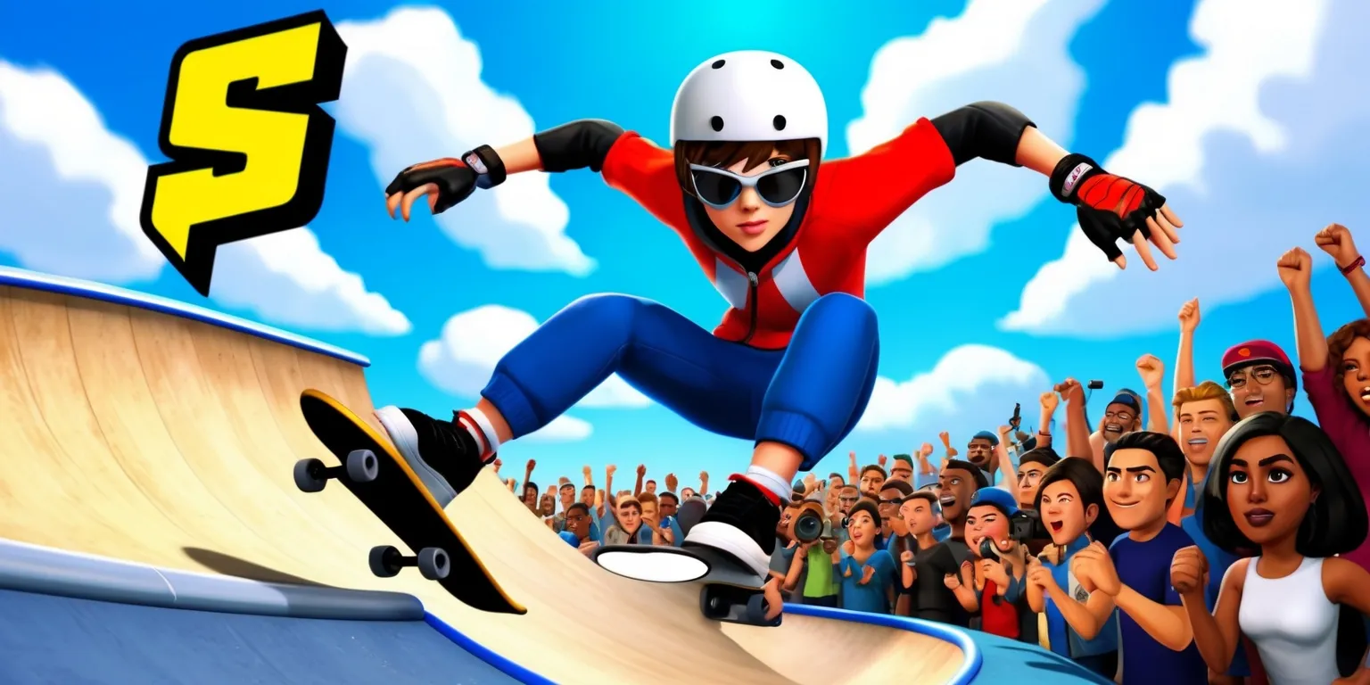 A vibrant and dynamic digital illustration of a skateboarding video game in progress, with a focus on the main character, a young skateboarder with short brown hair, brown eyes, and a determined expression, wearing a pair of sleek black sunglasses, a white helmet, and a bold red and blue outfit, as they perform a thrilling trick on a curved ramp set against a bright blue sky with fluffy white clouds, surrounded by a crowd of cheering spectators with diverse facial features and skin colors, with the game's logo, a stylized letter S in bold yellow, prominently displayed in the top left corner of the screen, and the words Skate or Die in a fun, graffiti-style font at the bottom of the screen.