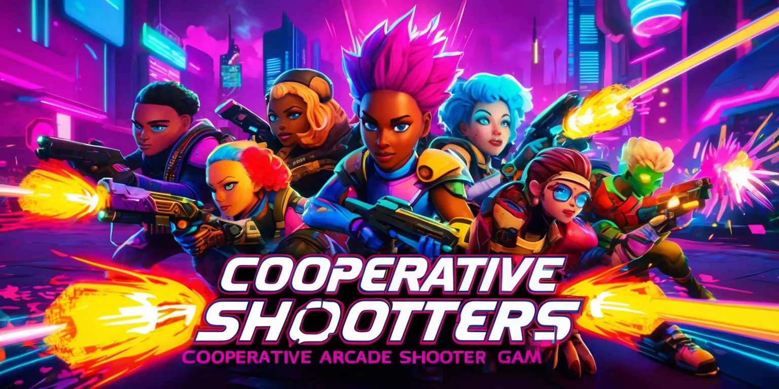 A vibrant and dynamic scene depicting a cooperative arcade shooter game, with multiple players working together, set against a backdrop of neon-lit cityscapes or futuristic landscapes, featuring a variety of characters with diverse facial features, skin colors, and unique attributes, such as vibrant hairstyles, futuristic armor, and eclectic clothing, with a focus on action-packed gameplay, explosive special effects, and vibrant, glowing projectiles, all rendered in a stylized, pixelated art style with bold lines, bright colors, and a sense of energetic movement, with the game's logo or title prominently displayed in a bold, futuristic font with neon accents, and the overall composition emphasizing teamwork, excitement, and fast-paced action.