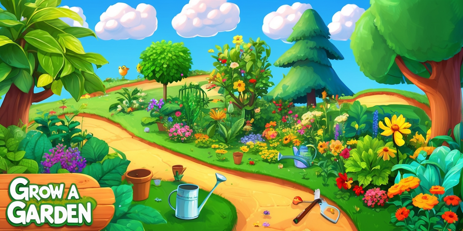 A vibrant digital illustration of a whimsical garden scene for the Grow a Garden game, featuring a variety of lush green plants, colorful flowers, and towering trees, with a clear blue sky and fluffy white clouds in the background, a few garden tools and watering cans scattered around, and possibly a few insects or small animals amidst the foliage, all set against a soft, earthy terrain with winding paths and a bright, warm sunlight shining down, highlighting the beauty and serenity of the garden, with bold lines, intricate details, and a mix of realistic and fantastical elements, inviting players to explore and nurture their own virtual garden.
