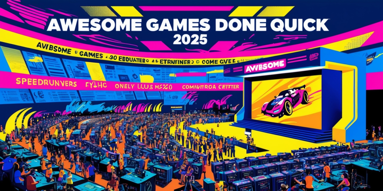 A vibrant illustration of the Awesome Games Done Quick 2025 event, set against a bright and colorful backdrop, with bold, eye-catching graphics and textures. The scene is bustling with excitement, featuring a diverse group of gamers, speedrunners, and event staff, all gathered together in a large convention center. The atmosphere is electric, with a sense of community and camaraderie palpable in the air. The color palette is a mix of deep blues, bright pinks, and sharp yellows, evoking a sense of energy and playfulness. In the foreground, a prominent stage is set up, complete with a large screen displaying a fast-paced video game, surrounded by rows of gaming stations and cheering crowds. The overall style is a blend of digital illustration and graphic design, with bold lines, dynamic shapes, and a sense of movement and action.