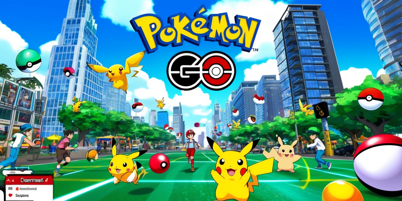 A vibrant and colorful digital illustration of the popular Pokémon Go game, set against a bright blue sky with fluffy white clouds, featuring a mix of Pokémon characters, such as Pikachu, Charmander, and Squirtle, roaming around a bustling cityscape with tall skyscrapers, trees, and streets, with players' avatars and Poké Balls scattered throughout the scene, incorporating the game's iconic logo and user interface elements, such as the navigation menu and Pokédex, in a stylized, modern, and dynamic layout, with bold lines, vivid textures, and intricate details, emphasizing the excitement and adventure of the augmented reality game.