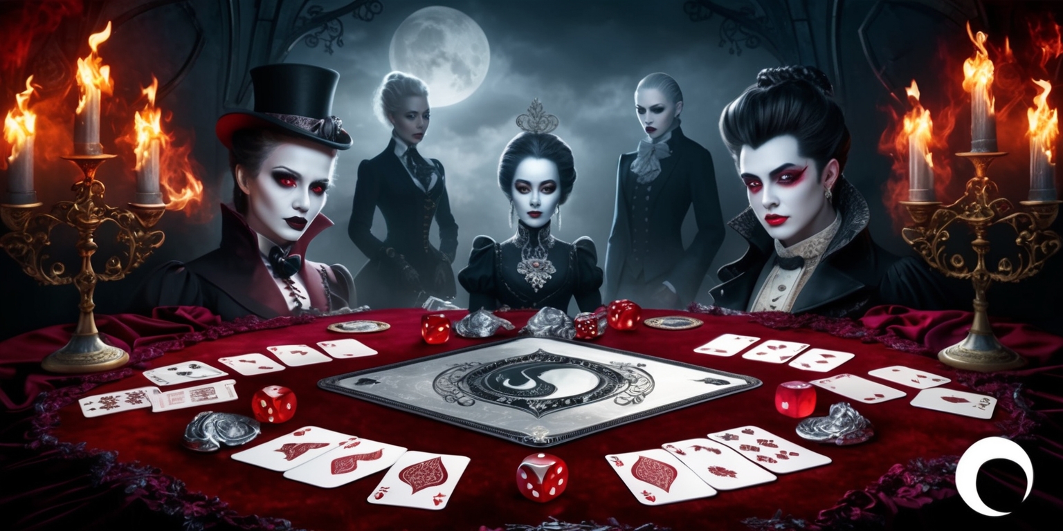 A dark fantasy scene depicting a game of Silver and Blood, with intricate metallic accents and deep crimson hues, set against a misty, moonlit backdrop, featuring mysterious characters with pale skin and striking facial features, adorned in formal, Victorian-era inspired attire, with delicate, silver-trimmed playing cards and ornate, blood-red dice scattered across a lavish, velvet-covered table, surrounded by candelabras with flickering, warm-gold flames, and a sense of ominous, mystical energy permeating the atmosphere, with the game's logo, an elegant, silver crescent moon, subtly embedded in the design of the cards and tablecloth.