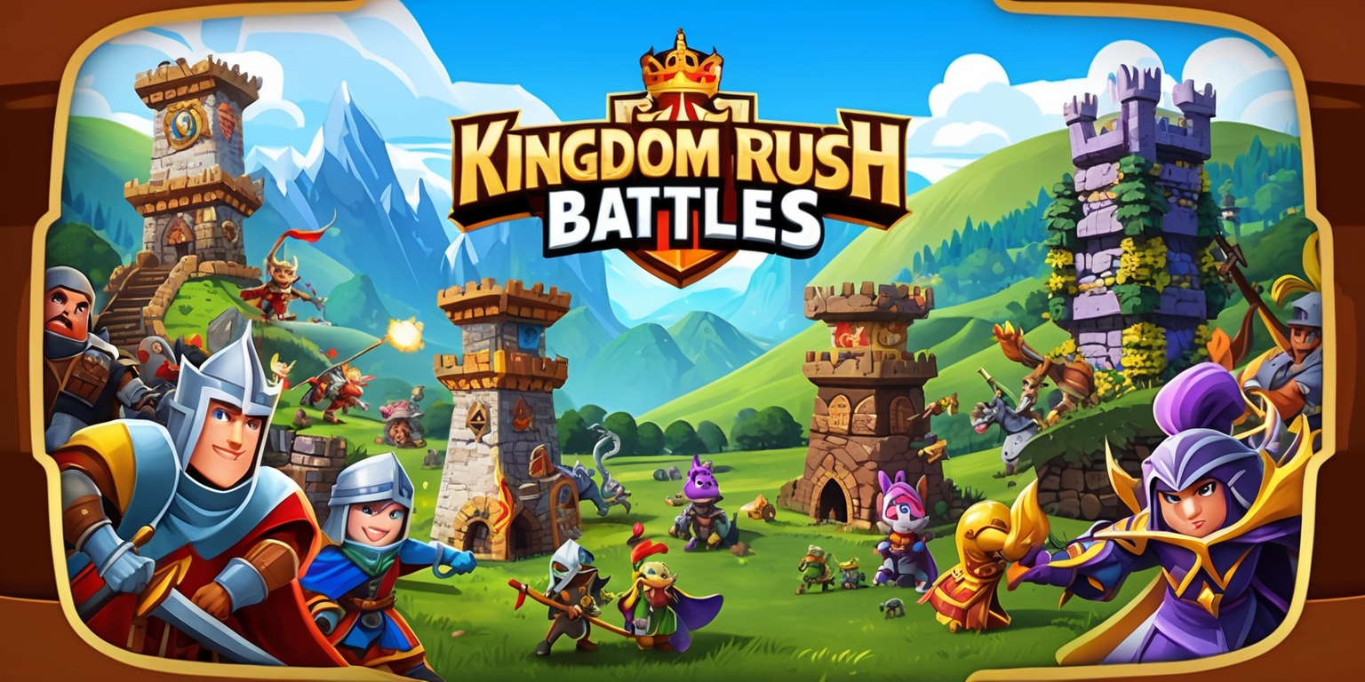 A vibrant and detailed illustration of the Kingdom Rush Battles game, featuring a variety of colorful characters and towers, set against a lush fantasy landscape with rolling hills and towering mountains in the background, the characters including brave knights, agile archers, and powerful mages, with unique facial features, varied skin colors, and distinctive outfits, the towers showcasing intricate designs and textures, with a mix of bright colors and earthy tones, the overall style reminiscent of a playful cartoon, the layout bustling with activity, and the framing cropped to focus on the central battle scene, with bold lines and dynamic shapes, and the Kingdom Rush Battles logo prominently displayed in a curved line above the battlefield, in a bold, golden font with a regal crest.