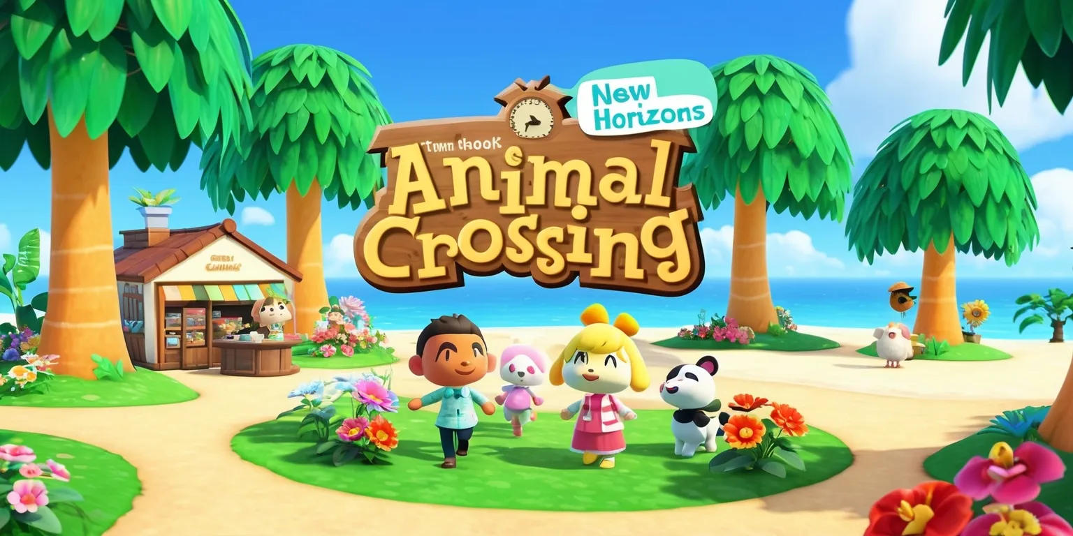 A serene and vibrant digital illustration of the Animal Crossing: New Horizons game, set on a sunny island with lush green trees, colorful flowers, and a clear blue sky, featuring Tom Nook's store and various adorable characters, including Tom Nook himself, Isabelle, and K.K. Slider, with intricate details and textures, in a whimsical and playful style, with pastel colors and soft lighting, and a sense of warmth and tranquility, with the game's logo prominently displayed in a bold, white, and rounded font, surrounded by palm trees and a sandy beach.