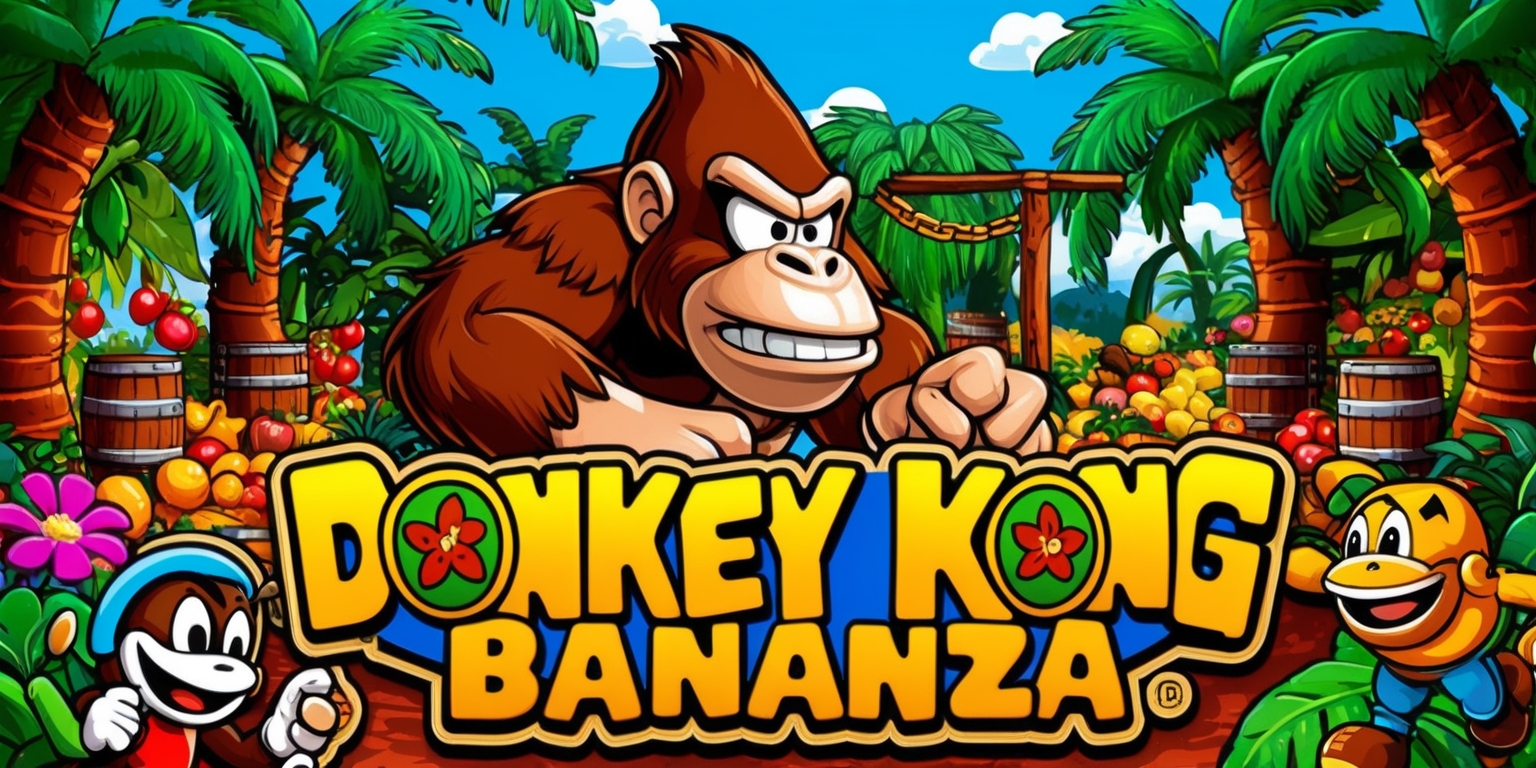 A colorful illustration of the Donkey Kong Bananza game, featuring a vibrant jungle setting with lush green trees, exotic flowers, and a bright blue sky, Donkey Kong is prominently displayed in the center, a giant ape with brown fur and a menacing expression, surrounded by a variety of fruit, barrels, and other game elements, in the foreground, a smiling Diddy Kong and other characters are shown, with bold lines, dynamic textures, and intricate details, the game's logo is emblazoned in bold, golden letters, with a fun, playful font style, the entire scene is filled with energy and excitement, capturing the essence of the classic video game.