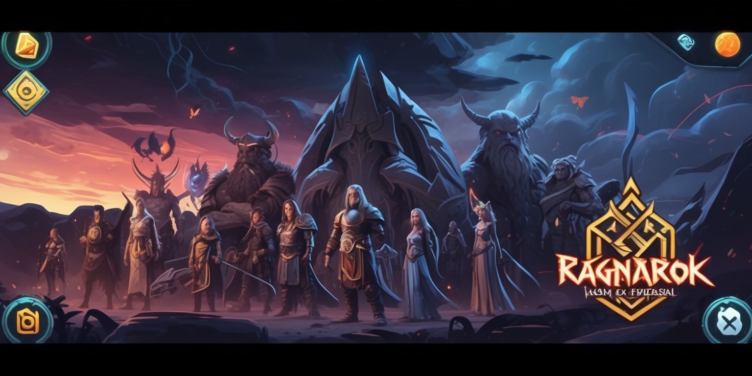 A moody illustration of a dark fantasy world in the midst of Ragnarok, with Norse gods and goddesses standing idle, set against a backdrop of a fiery twilight sky with ominous clouds, featuring a mix of mythical creatures and legendary beings, with a subtle glow of magical runes and mystical energies, in a digital art style with bold lines and vibrant colors, with the layout resembling a mobile game interface, including intricate details on the characters' armor and weapons, and the game's logo in a stylized font with a Nordic design aesthetic, blending fantasy and adventure elements, with a sense of anticipation and foreboding, capturing the essence of an idle RPG game.