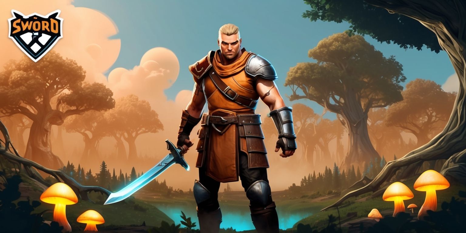 A futuristic fantasy world with a brave warrior standing in the center, surrounded by a mystical forest with ancient trees, glowing mushrooms, and a misty atmosphere, set against a warm orange and blue sky with a few fluffy white clouds, the warrior wearing a mix of leather and metal armor with a sword in hand, facial features strong and determined, skin color a warm beige, with a few scratches and scars, the overall style reminiscent of a dynamic comic book illustration, the layout with the warrior in the foreground and the forest fading into the background, with a subtle glow effect on the sword and a few magical runes etched into the trees, the game's logo, a stylized font with bold letters and a sword emblem, visible in the top left corner of the image.