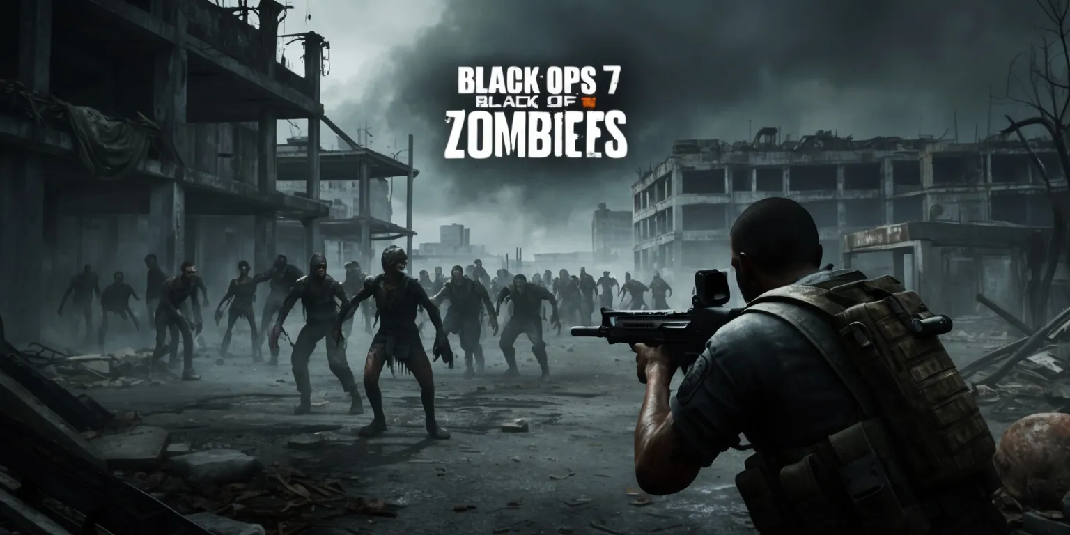 A dark and ominous scene depicting a Black Ops 7 Zombies game mode, set in a desolate, post-apocalyptic landscape with abandoned buildings and crumbling infrastructure, the atmosphere is tense and foreboding, with a sense of urgency and survival, the color palette is muted and gritty, with shades of grey, brown, and green, in the distance, a horde of undead zombies shamble and lurch towards the player, their tattered clothing and twisted facial expressions a testament to their unholy state, the player's character is positioned in the foreground, armed and ready to face the impending onslaught, with a determined look on their face, the overall style is reminiscent of a first-person shooter, with a focus on intense action and survival horror elements.
