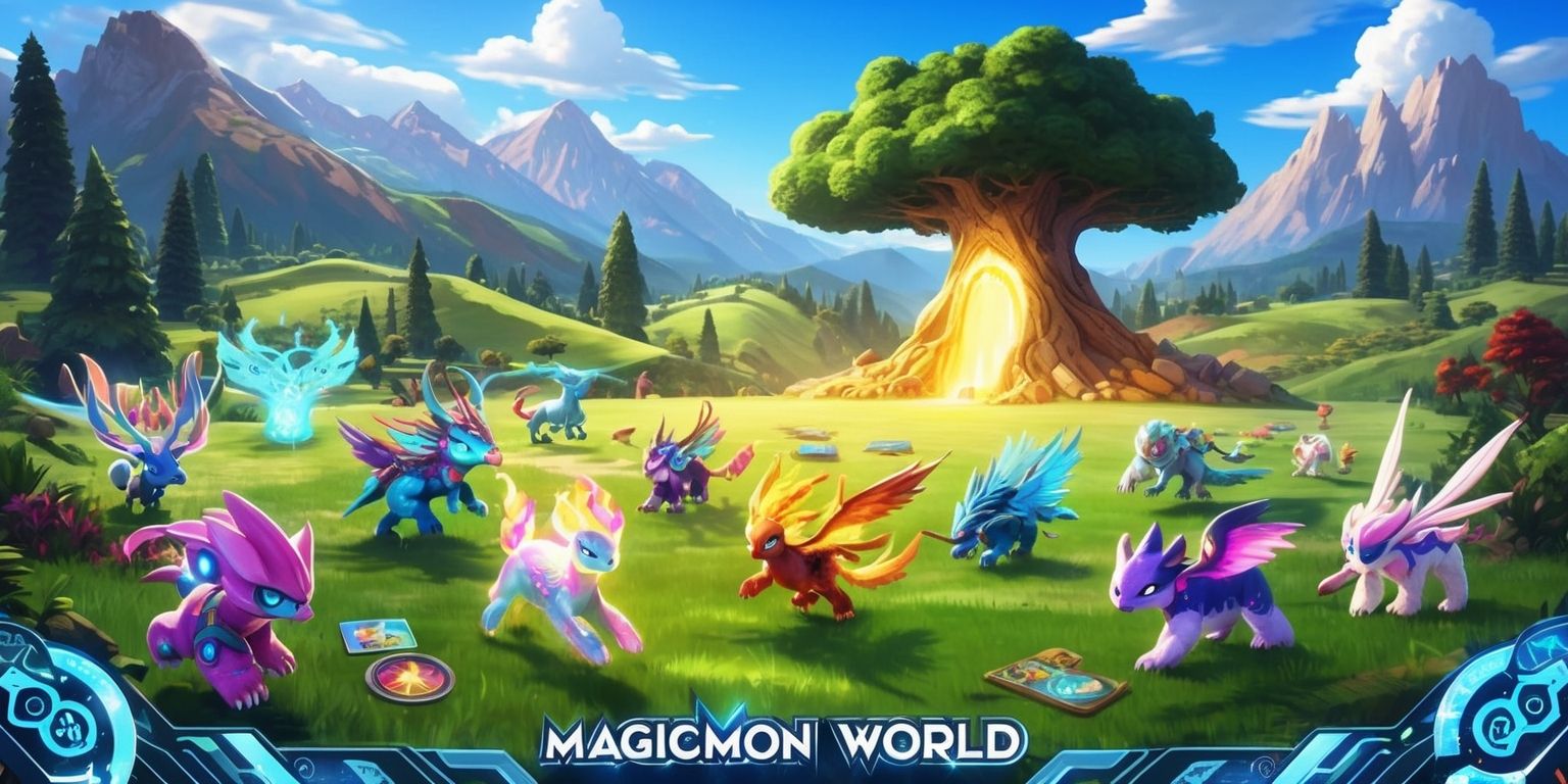 A vibrant, futuristic illustration of the Magicmon World game, depicting a richly detailed landscape with rolling hills, towering trees, and majestic mountains in the background, set against a clear blue sky with a few puffy white clouds, with a variety of magical creatures, known as Magicmon, roaming freely in the foreground, each with unique characteristics, colors, and textures, such as iridescent scales, glowing markings, and delicate wings, and in the center of the image, a large, ancient tree with a glowing portal at its base, surrounded by intricate, swirling patterns and mystical symbols, with a few game-inspired elements, like colorful cards, tokens, and a compass, scattered throughout the scene, blending fantasy and adventure elements with a sense of wonder and discovery.