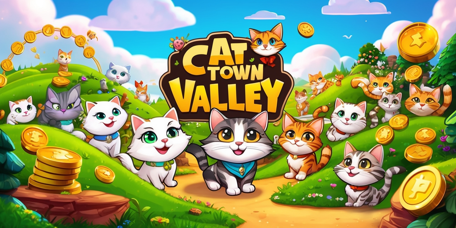 A vibrant digital illustration of Cat Town Valley game, featuring a colorful cartoon landscape with rolling green hills, fluffy white clouds, and a serene blue sky, populated by adorable cats of various breeds and sizes, each with distinct facial features, shiny fur, and playful expressions, amidst whimsical game elements, such as coins, power-ups, and scoring systems, with bold typography and stylized logos, set against a warm and inviting backdrop, evoking a sense of fun and adventure, with meticulous attention to detail and texture, blending fantasy and realism in a captivating visual experience.