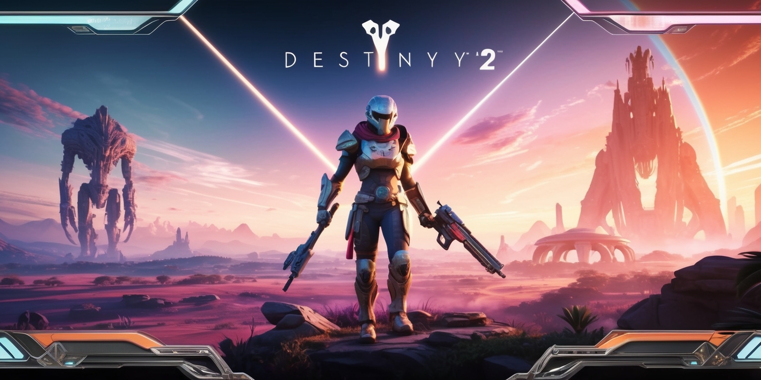A vibrant and dynamic digital illustration of the Destiny 2 game, showcasing a central Guardian warrior standing heroically with a fusion rifle, set against a stunning backdrop of a distant planet's landscape with a massive, ancient alien structure in the distance, the sky ablaze with hues of orange, pink, and blue, the overall style reminiscent of a science fiction epic with a mix of futuristic and mystical elements, the Guardian's armor adorned with intricate details and glowing accents, their facial features obscured by a helmet, with a subtle glow effect surrounding the character to emphasize their otherworldly abilities, the entire scene framed by a subtle, futuristic user interface overlay, complete with sleek, metallic accents and bold, neon-lit typography.