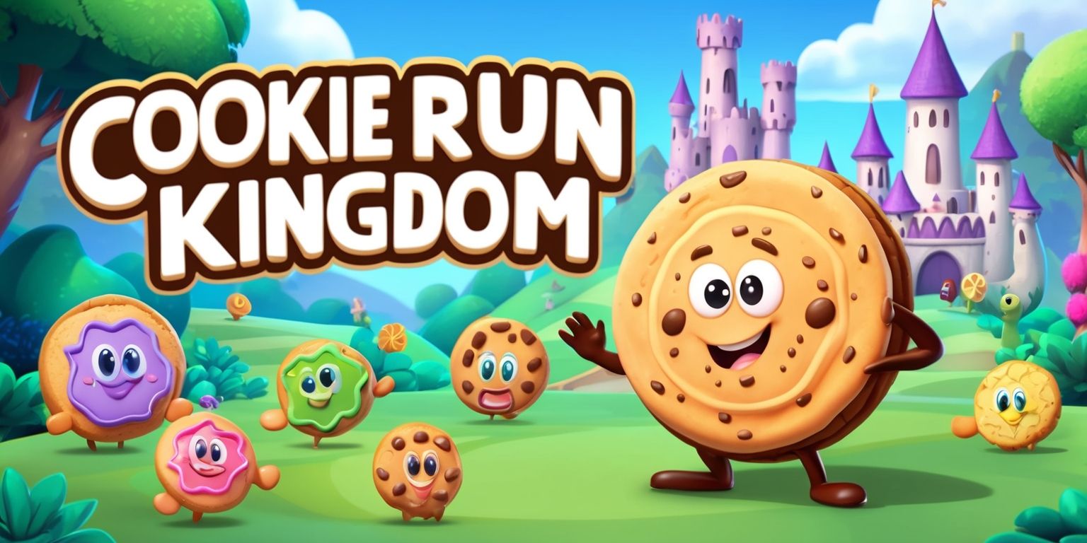 A vibrant digital illustration of the Cookie Run Kingdom game, featuring a variety of colorful cookies as main characters, set against a picturesque kingdom backdrop with rolling hills, towering castles, and lush green forests, with cookies having distinct facial features, bright expressive eyes, and unique accessories, and in the foreground, a large cookie stands out with a bold stance, surrounded by smaller cookies, all with smooth rounded edges and delicate textures, in a whimsical cartoon style with soft pastel colors and gentle shading, with the game's logo prominently displayed in a curved line above the characters, in a modern sans-serif font with bold white letters and a golden outline.