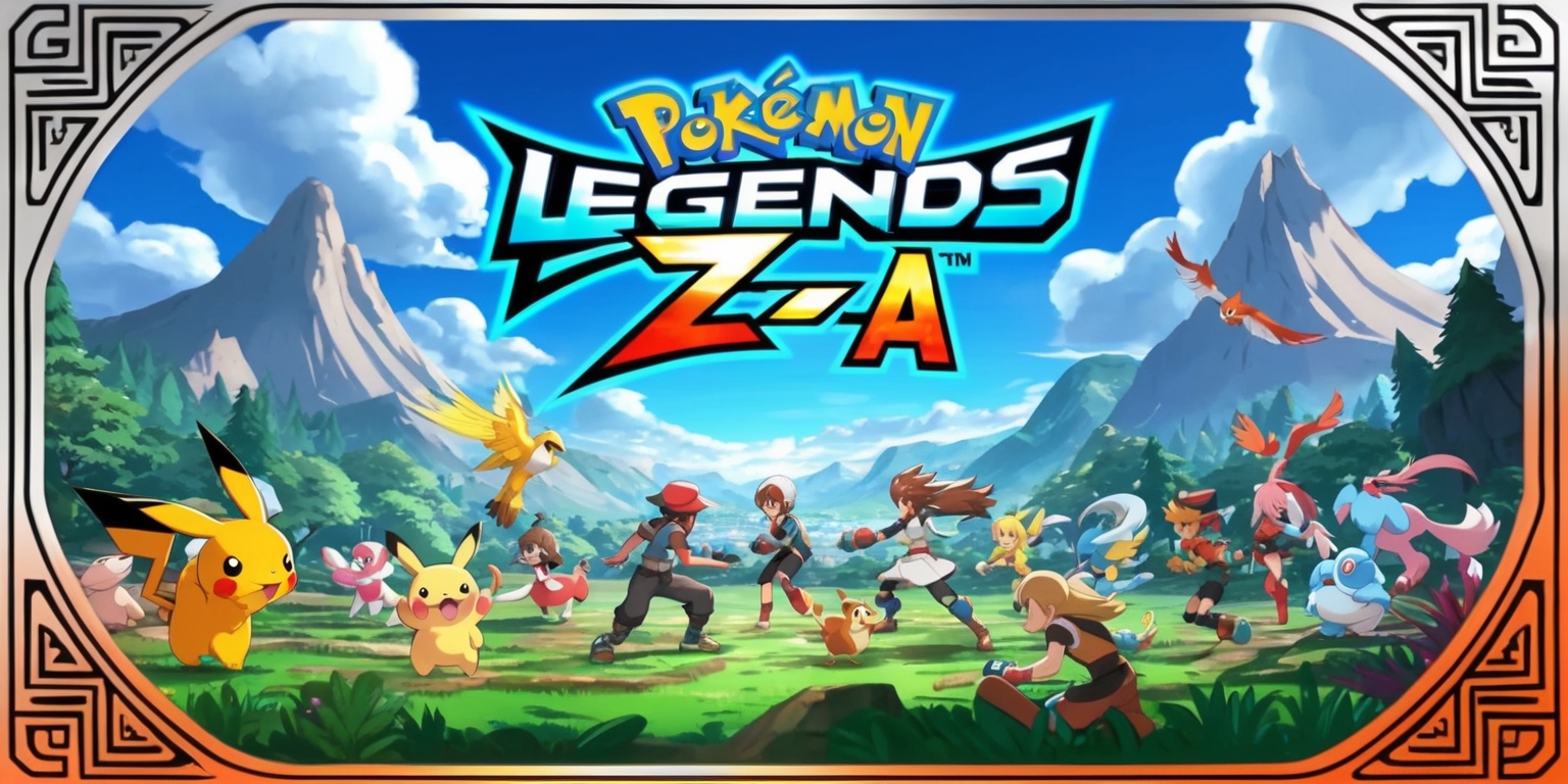 A vibrant and action-packed scene from Pokémon Legends: Z-A game, featuring a variety of Pokémon and trainers in a sprawling, fantastical landscape with towering mountains and lush forests, set against a clear blue sky with puffy white clouds, with a mix of earthy tones and bright colors, in a stylized anime-inspired style, with bold lines and dynamic poses, and incorporating iconic Pokémon logos and symbols in a bold, futuristic font, with the game's title emblazoned across the top in a curved line, in a bright, electric blue color, with the words Pokémon Legends in a metallic silver color and Z-A in a fiery orange color, with the entire image framed by a thin, ornate border with intricate patterns and shapes reminiscent of ancient mythology.