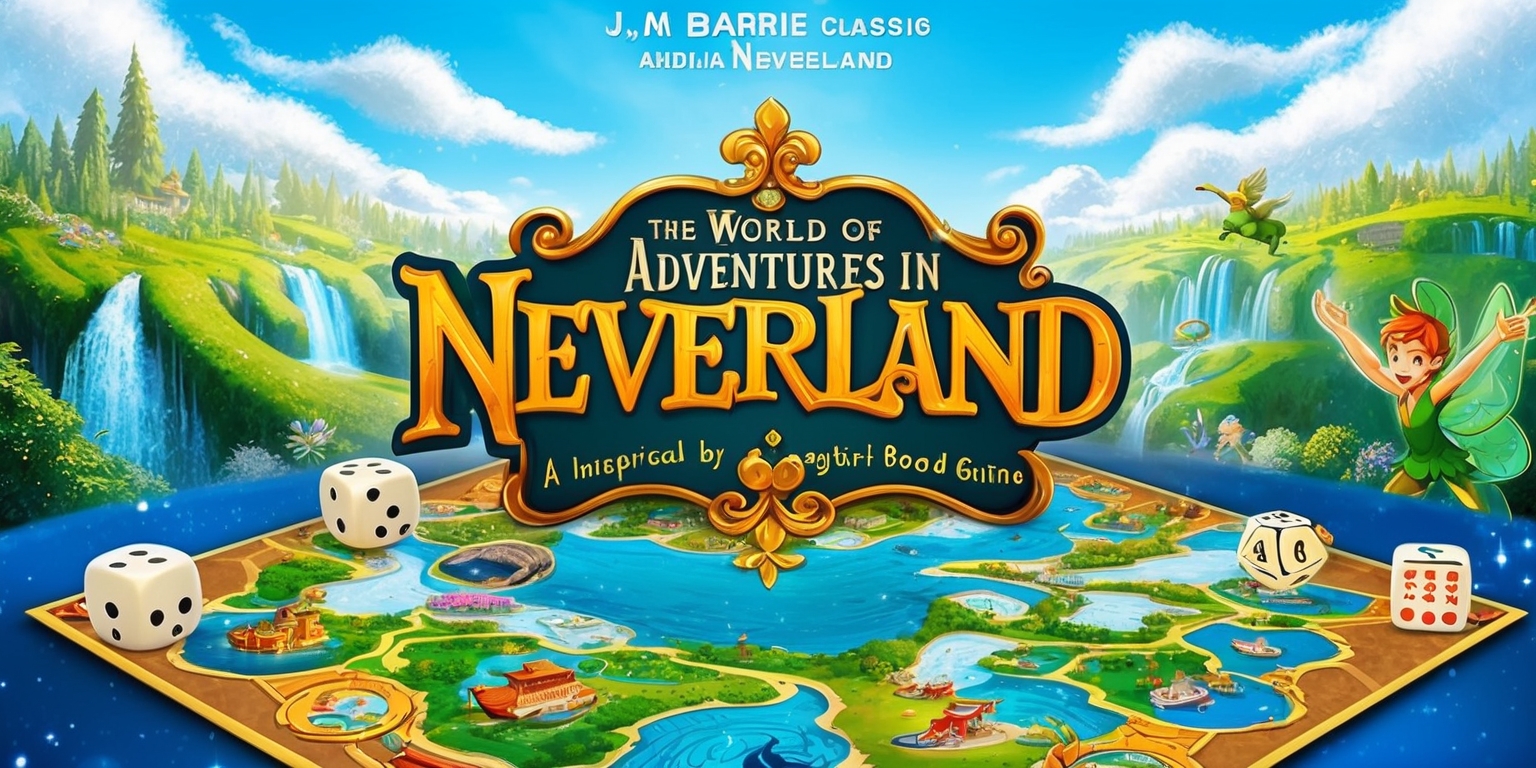 A vibrant, whimsical illustration depicting the world of Adventures in Neverland, a fantastical board game set in the magical realm of Neverland, inspired by J.M. Barrie's classic tale, with a dash of modern excitement, featuring a sprawling, dreamy landscape with lush green forests, sparkling waterfalls, and fluffy white clouds, against a bright blue sky, with the game board, resembling a treasure map, prominently displayed in the foreground, adorned with colorful, intricate illustrations of beloved characters, such as Peter Pan, Tinker Bell, Captain Hook, and the Lost Boys, surrounded by game pieces, dice, and other playful elements, with bold, golden font highlighting the game's title, and subtle, shimmering textures evoking a sense of wonder and adventure, inviting players of all ages to embark on a thrilling journey through the timeless world of Neverland.