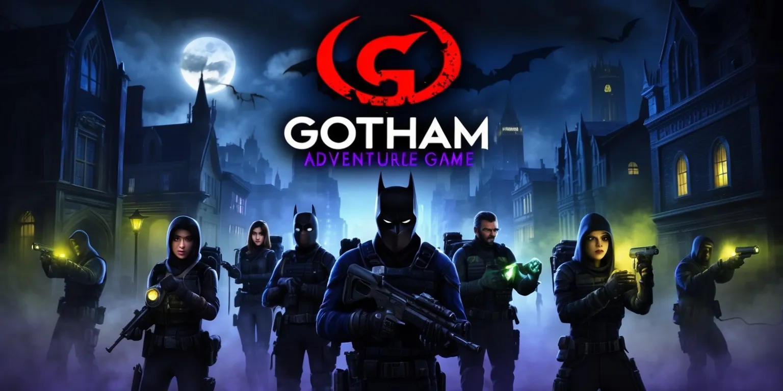 A dark and mystical cityscape of Gotham at dusk with a full moon, set as the backdrop for a paranormal adventure game, featuring eerie silhouettes of Gothic buildings, dimly lit streets, and an atmosphere of suspense, with a sense of mysterious fog rolling in, and a group of ghost hunters in the foreground, dressed in black tactical gear, armed with paranormal investigation equipment, their faces illuminated only by the glow of their equipment, with a mix of determined and fearful expressions, and in the distance, the faint image of the Bat-Signal shining bright, amidst a dark blue and purple color palette, with accents of neon green and yellow, and the game's logo, a stylized letter G with a paranormal twist, emblazoned in bold, blood-red font, at the top of the image.