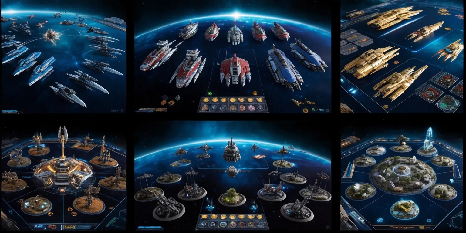 A richly detailed space strategy miniatures game displayed on a futuristic tabletop, featuring fleets of finely sculpted starships, space stations, asteroid clusters, and planetary terrain arranged across a deep starfield game board. Distinct factions use contrasting color schemes such as metallic blue, crimson, gold, and gunmetal, with tiny tactical markers, resource tokens, movement guides, and objective points adding strategic detail. Dramatic overhead and three-quarter framing reveals the full battlefield, while cool blue nebula lighting, glowing engines, illuminated weapon ports, and subtle holographic interface elements create a cinematic science-fiction atmosphere. Crisp miniature-painting detail, realistic materials, sharp focus, intricate terrain, polished tabletop gaming aesthetic, and high-end promotional photography.