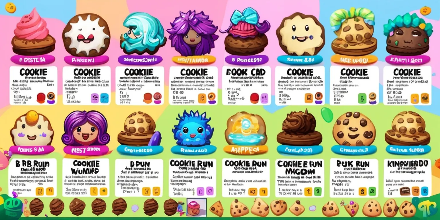 A vibrant, colorful illustration of a comprehensive cookie guide for the popular game Cookie Run Kingdom, featuring a variety of cookies with distinct designs, hairstyles, and accessories, set against a bright, pastel-colored background with bold, white text overlays detailing each cookie's name, description, and stats, with stylized icons and graphics highlighting their unique abilities and strengths, and a layout that is easy to navigate and compare the different cookies, with a mix of digital painting and whimsical hand-drawn elements, and a overall aesthetic that is playful, fun, and engaging, with a focus on showcasing the diverse range of cookies in the game.