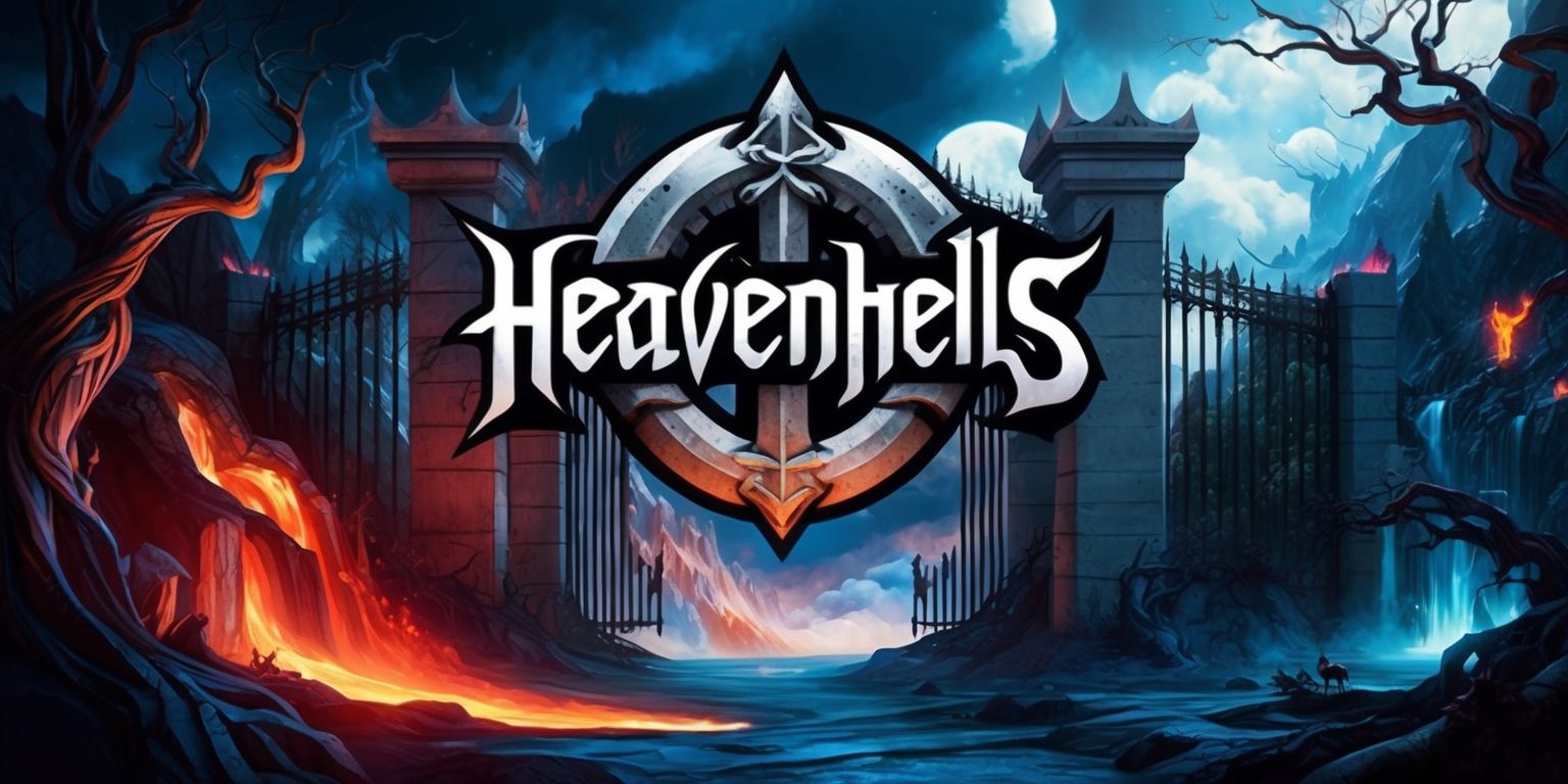 A surreal digital illustration of a video game titled Heavenhells, set in a dark fantasy world with a mix of heavenly and hellish elements, featuring a bold color scheme with shades of deep blues and fiery oranges, with intricate details and textures, including a haunting landscape with twisted trees and glowing lava, and a massive stone gate in the background with the game's logo emblazoned on it in a stylized, gothic font with metallic silver color, with a sense of depth and dimensionality, and a dramatic lighting effect that highlights the contrast between light and darkness.