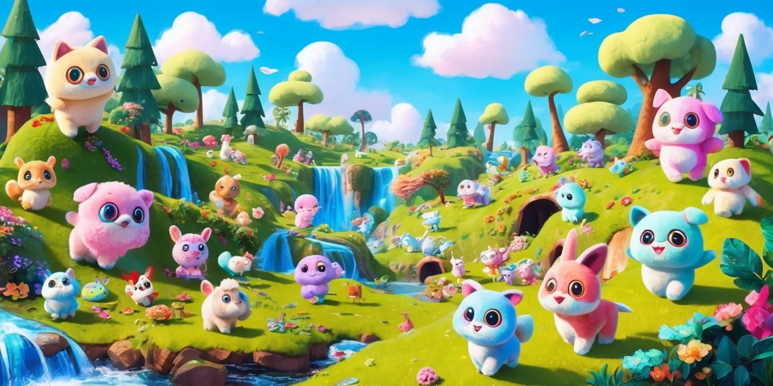 A vibrant and colorful digital artwork depicting the world of Palworld, with a variety of pastel-colored Pals, creatures that resemble a mix of animals and stuffed toys, roaming freely in a lush environment filled with tall trees, sparkling waterfalls, and rolling hills, set against a bright blue sky with fluffy white clouds, the Pals are designed in a cute and endearing style with large eyes, soft fur, and sweet expressions, the overall atmosphere is peaceful and dreamy, with a sense of adventure and exploration, the artwork is created in a modern digital painting style with bold lines, textures, and intricate details, showcasing the unique charm and personality of the Pals and their world.