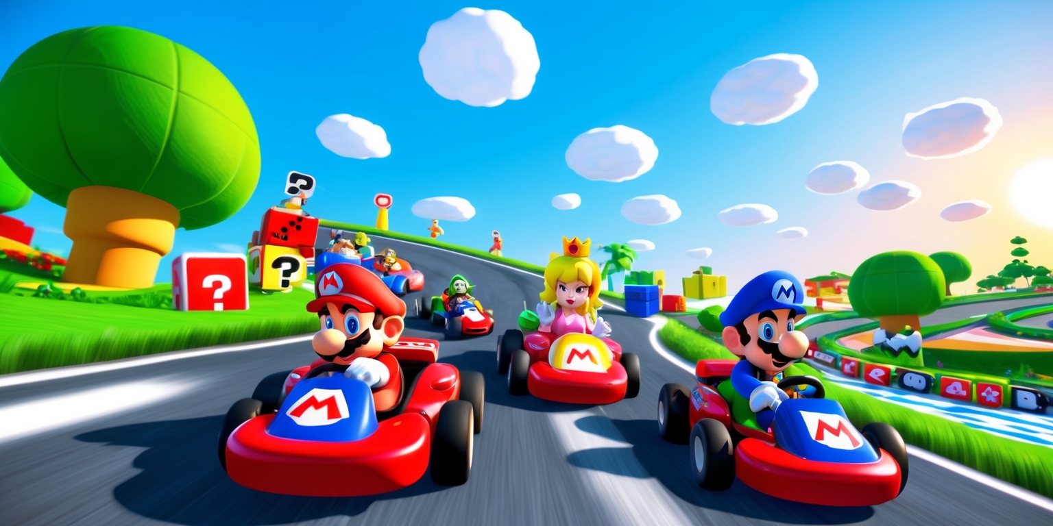 A vibrant illustration of Mario Kart World game scene, set in a bright blue sky with fluffy white clouds, featuring Mario, Luigi, and Princess Peach racing their karts on a winding track surrounded by lush green grass, colorful trees, and iconic Mario-themed obstacles like question mark blocks and pipes, with a subtle hint of sunset warm light casting a gentle glow on the characters and environment, the karts and characters are rendered in 3D with bold lines, bright colors, and exaggerated facial expressions, the overall style is reminiscent of a classic Nintendo game with a mix of realistic and fantastical elements, with clean lines, smooth textures, and a dynamic composition that conveys the sense of speed and excitement of the game.