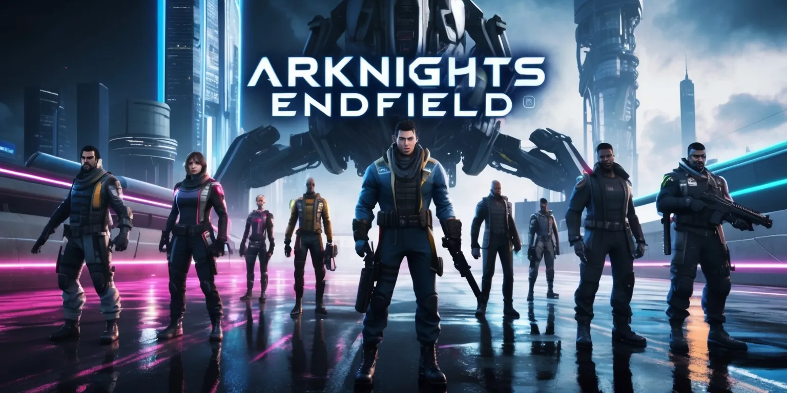 A dramatic scene from the popular mobile game Arknights Endfield, featuring a futuristic cityscape with sleek skyscrapers and neon lights reflecting off the wet pavement, with a group of characters including the protagonist and other operators standing in the foreground, each with unique facial features, skin tones, and outfits, surrounded by a mix of vibrant colors and darker shadows, set against a backdrop of a massive, ominous mechanical structure looming over the city, with a sense of tension and urgency in the air, and the game's logo prominently displayed in a bold, metallic font with a blue and silver color scheme.